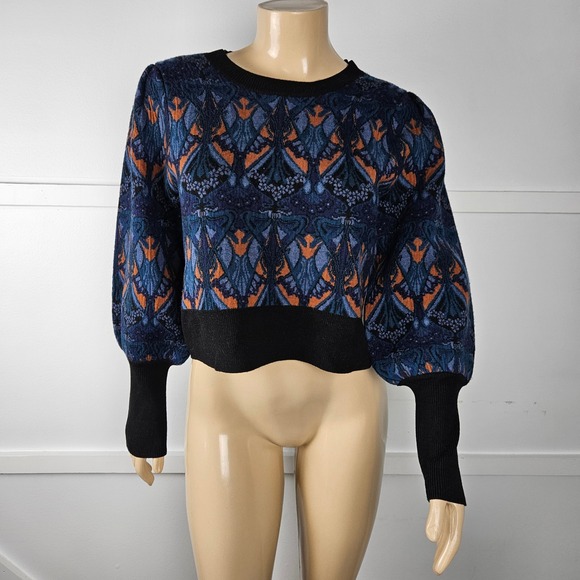 Cara Cara Armelle Puff Sleeve Art Nouveau Deco Print Merino Wool Sweater Size L